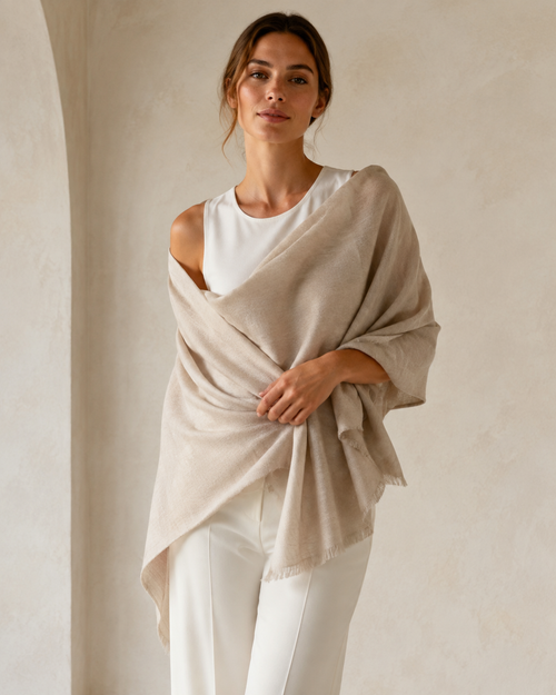 SENMERE oatmeal cashmere wrap front view