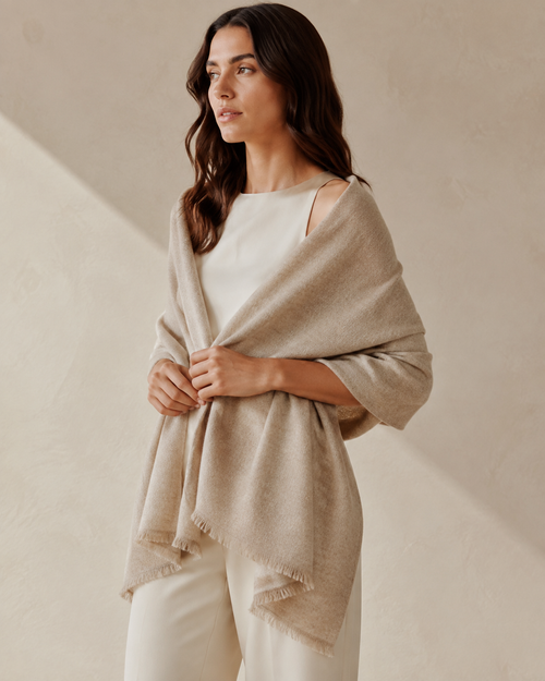 SENMERE oatmeal cashmere wrap detail view