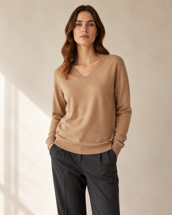 SENMERE camel cashmere V-neck front view