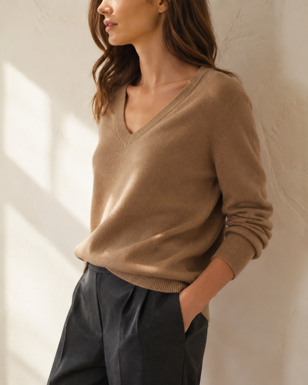 SENMERE camel cashmere V-neck detail view
