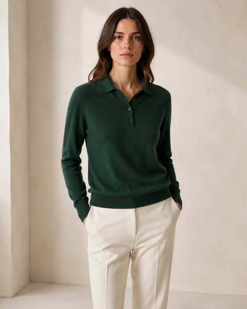 SENMERE forest green cashmere knit polo front view