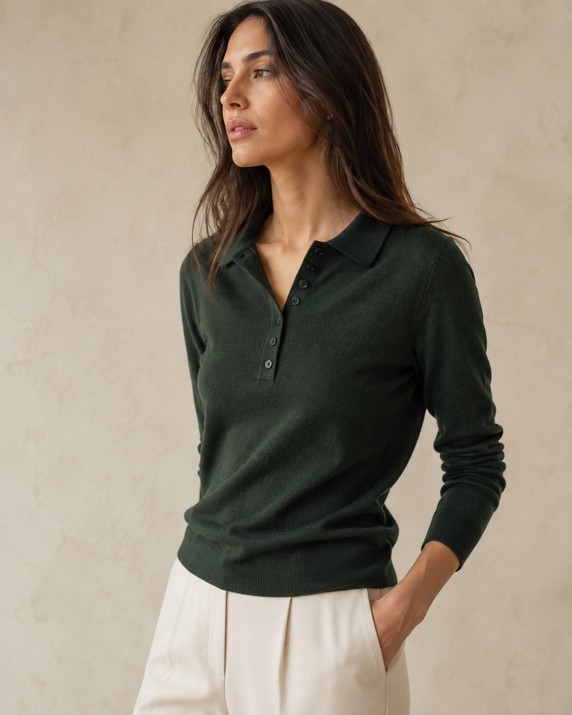 SENMERE forest green cashmere knit polo detail view