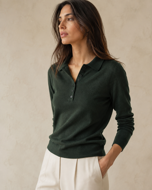 SENMERE forest green cashmere knit polo detail view