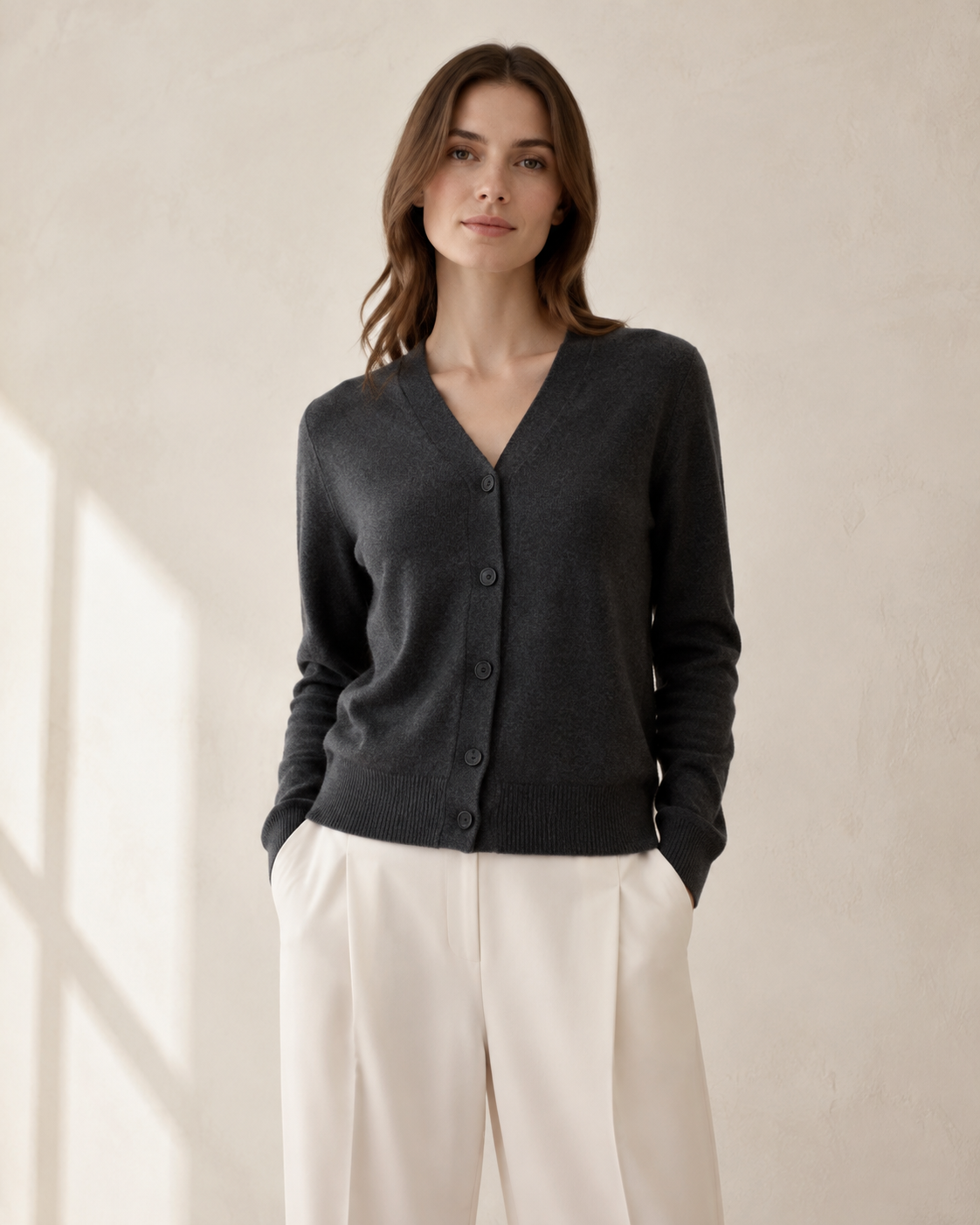 SENMERE charcoal cashmere cardigan front view