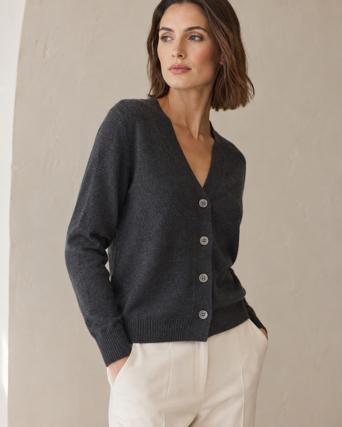 SENMERE charcoal cashmere cardigan detail view