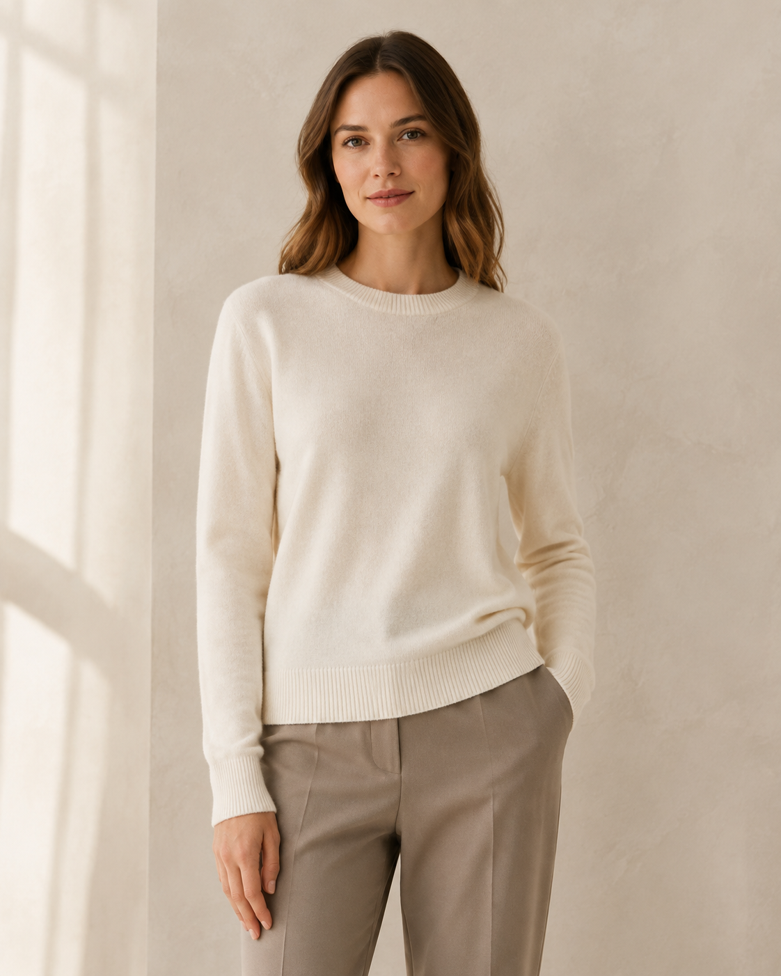 SENMERE ivory cashmere crewneck front view